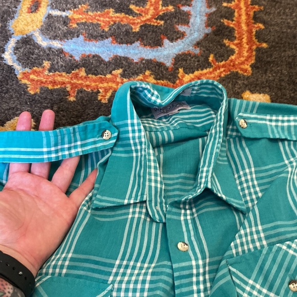 Vintage gingham button down teal buffalo plaid XL short sleeves - Picture 4 of 6